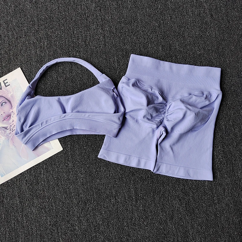2-teiliges Set: Pfirsichfarbener High-Waist-Bauch- und Hüftstraffender Sport-BH mit Shorts, stoßfester Neckholder-Yoga-Anzug, Lauf- und Fitness-Set – Detail 12