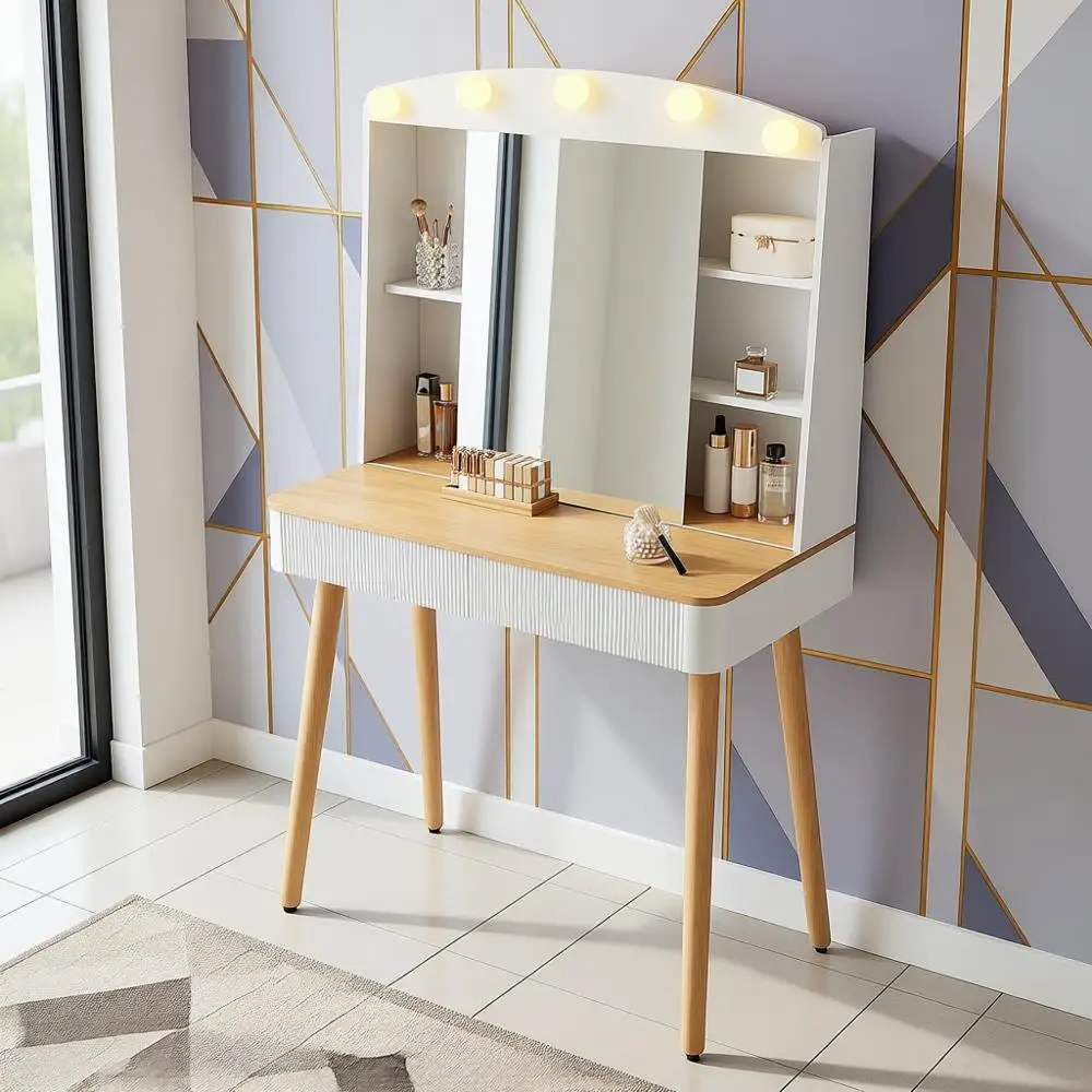 Compact 33.4 Vanity Desk with Mirror & Lights, Sliding Mirror Vanity with Storage, Fluted Makeup Table for Bedroom
