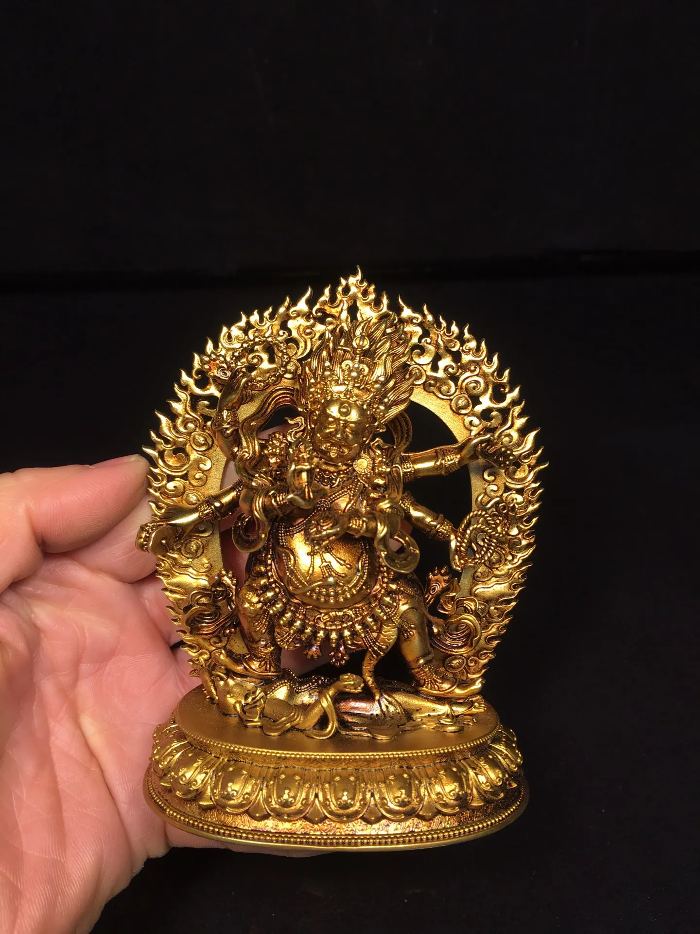 Old Bronze Gilded Cinnabar Six arms Mahakala Buddha Backlight Station Buddha  Worship Hall