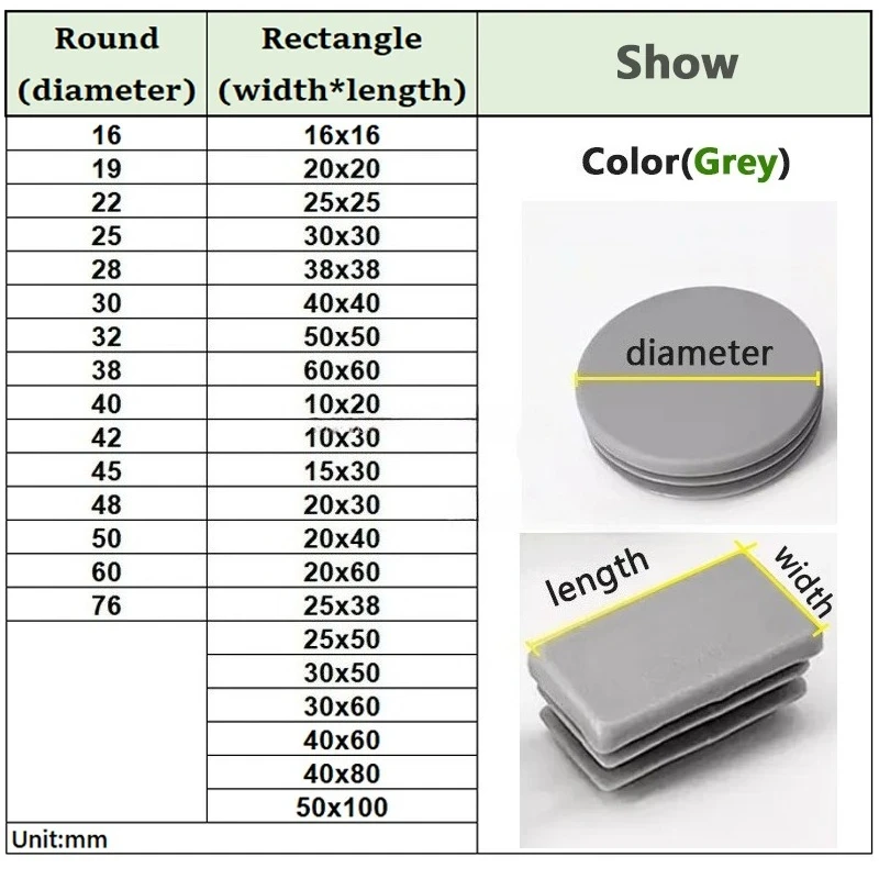 Gray Round/Square PP Plastic Tube Plug Anti-slip Table and Chair Foot Pad 16~76mm 16x16mm~50x100mm