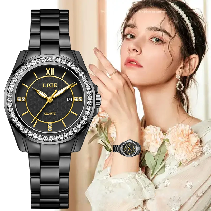 LIGE Elegant  Woman Watch Classic Fashion Ceramic Date Waterproof Luminous Diamond Dial Ladies Quartz Watches for Women Gift+Box