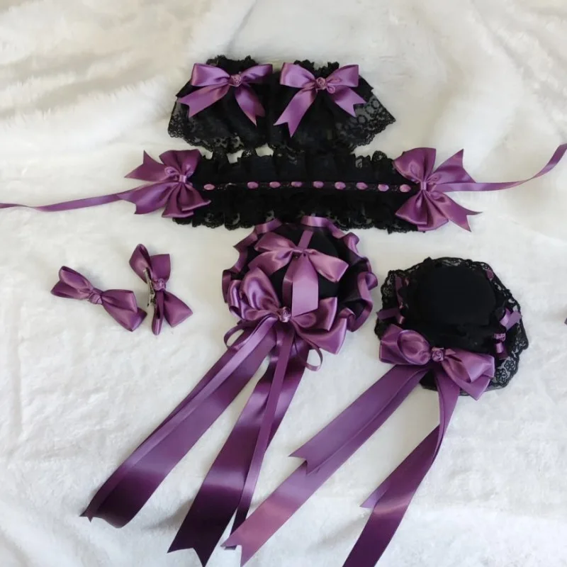

Gothic Lolita Mini Hat Set – Black Purple Rose Lace Headpiece with Bow Clip, Wrist Cuffs & Hairband Accessories for Cosplay or C