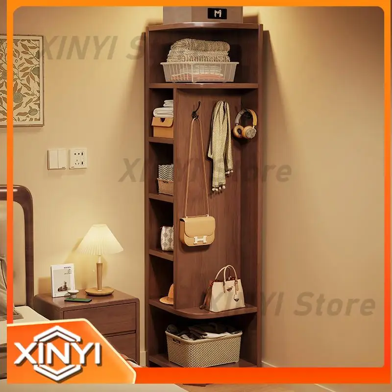 Solid Wood Corner Floor Coat Rack for Living Room Bedroom Entryway Clothes Organizer with Hanging Rod and Shelf Storage