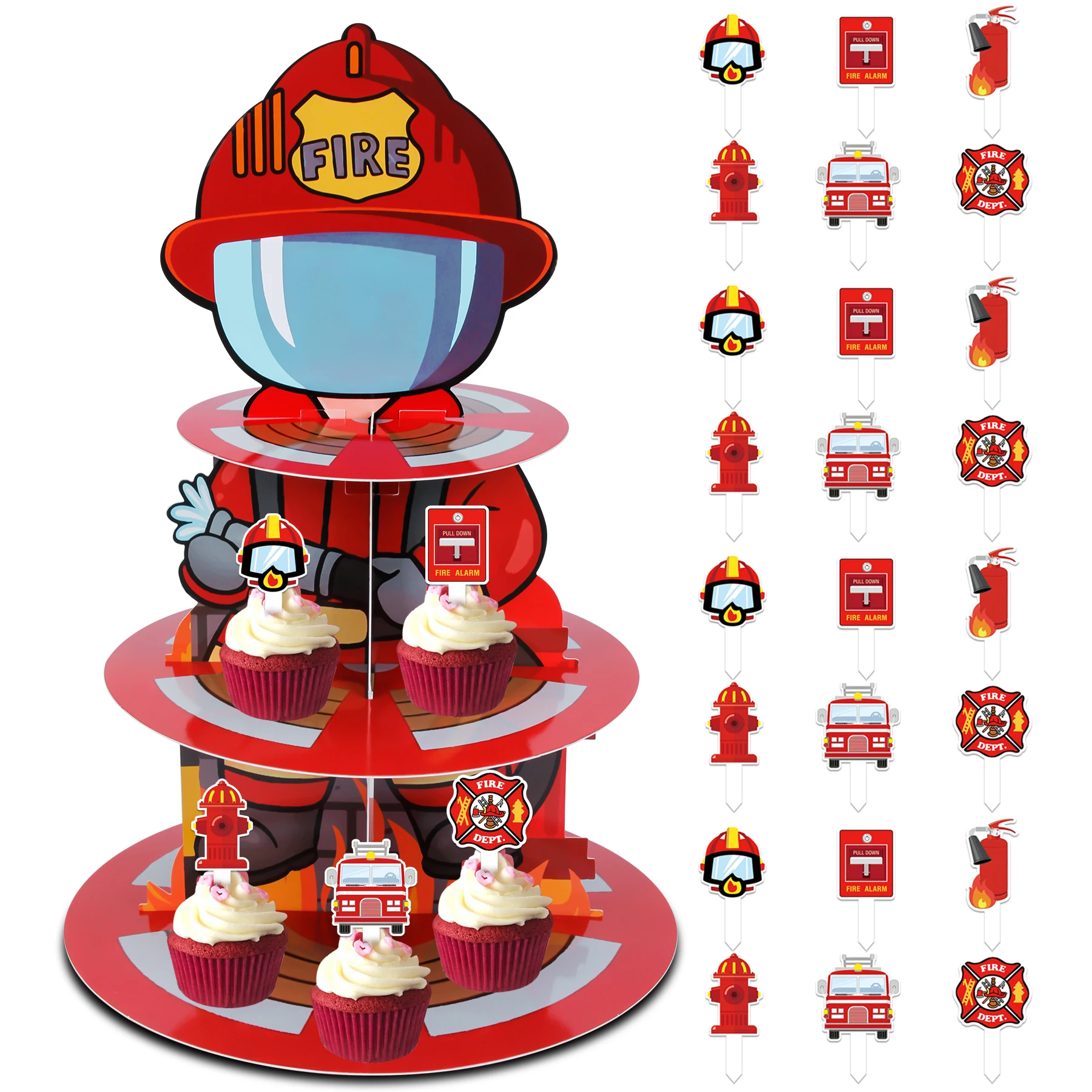 25 قطعة، برج حامل كب كيك رجل الإطفاء الأحمر 1 قطعة مع أغطية كب كيك 24 قطعة لتزيين حفلات أعياد ميلاد رجل الإطفاء #1