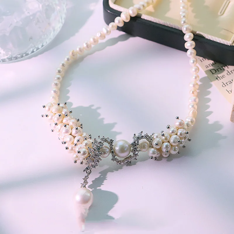 

Ожерелье из натурального белого жемчуга с цветком кубического циркона для женщин, модное очарование, роскошная цепочка на шею, ключица, колье, кровати, ожерелья, подарок