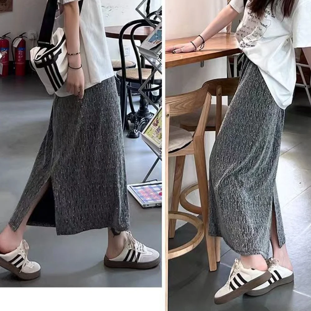 Autumn Women\'s Casual A-Line Skirt Bright Silk Party Club Straight Skirt Y2K Youth Elastic Waist Slit Slim Sexy Skirt Chic Trend