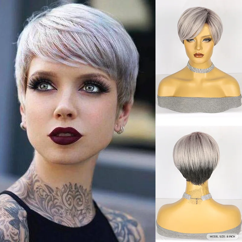 

6 Inch Pixie Cut Wig Synthetic Hair Wigs with Bangs Hairstyles Short Light Grey Glueless Wigs for White Women Daily Party Use