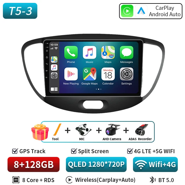 Android 16 CarPlay Auto 5G WIFI Autoradio Voor Hyundai i10 2007 2008 2009 2010 2011 2012 2013 GPS multimedia Spelerereo BT DVD
