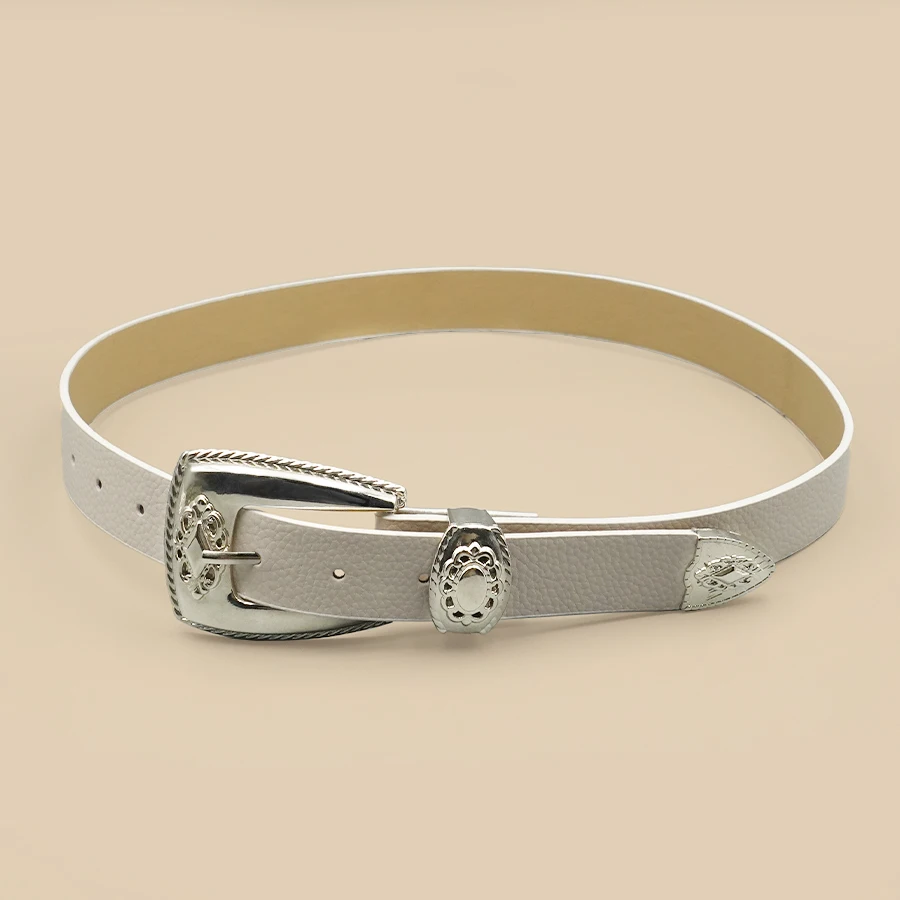 White Border Women's Belt Solid Color Casual Daily Belt Silver Carved Alloy Buckle Daily Commuting Date Fashion Accessories
