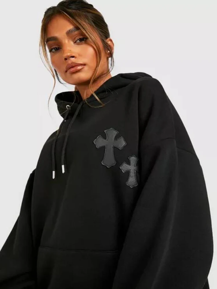 Cross Rhinestones Zip Women Hoodie Y2k PU Cross Applique Oversized Hoodies