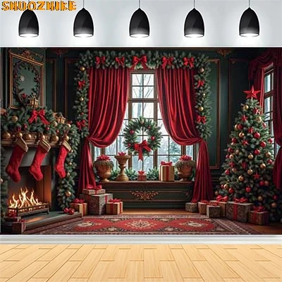 

Christmas Day Wreath Family New Year Party Photography Backdrops Prop Window Living Room Xmas Tree Gift Snow Background VN-07