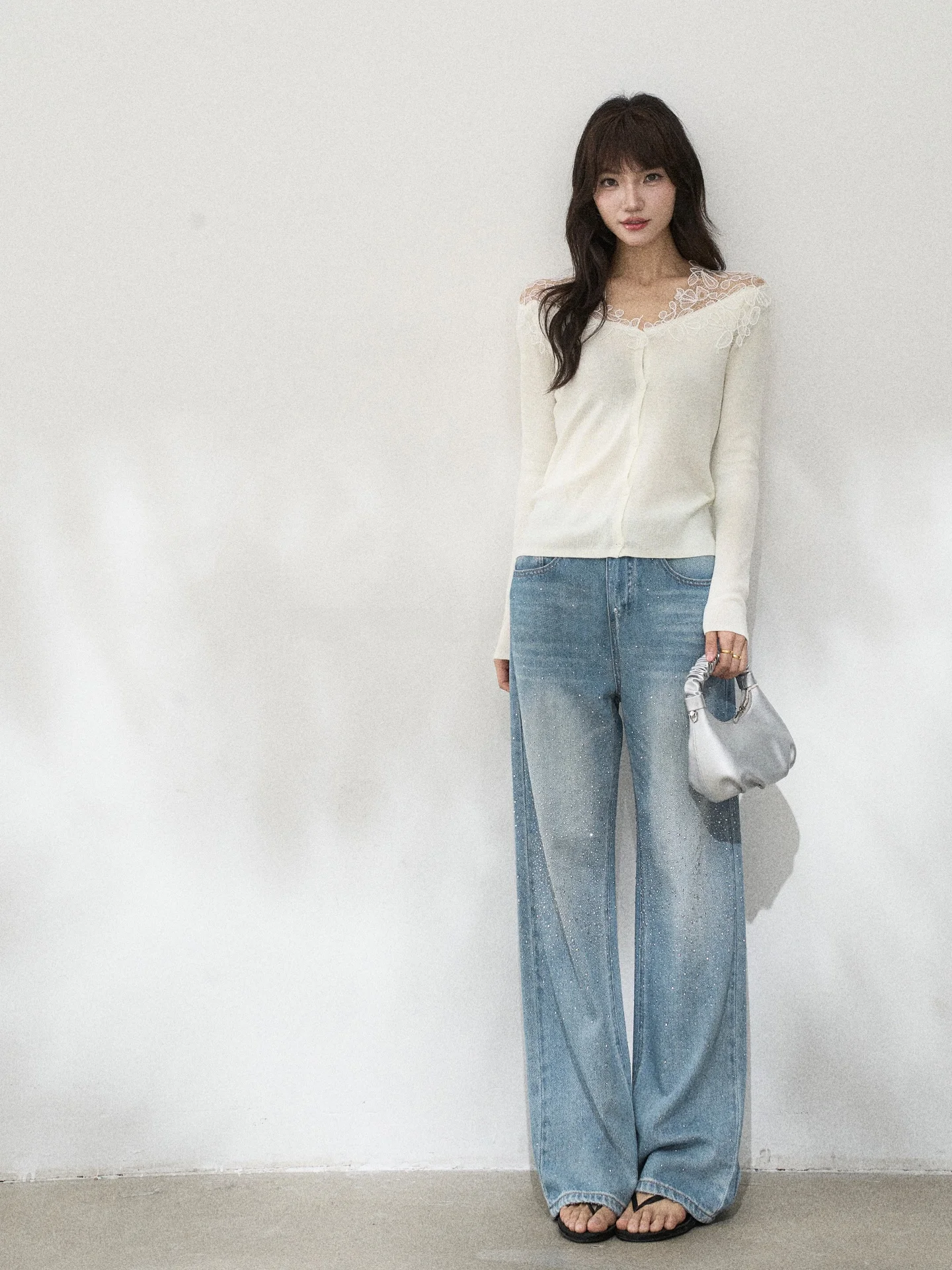 

Shiny Water Diamond Washed Loose Wide Leg Light Blue Jeans Women's High Waist Cotton Korean Style Floral Patterned Jeans