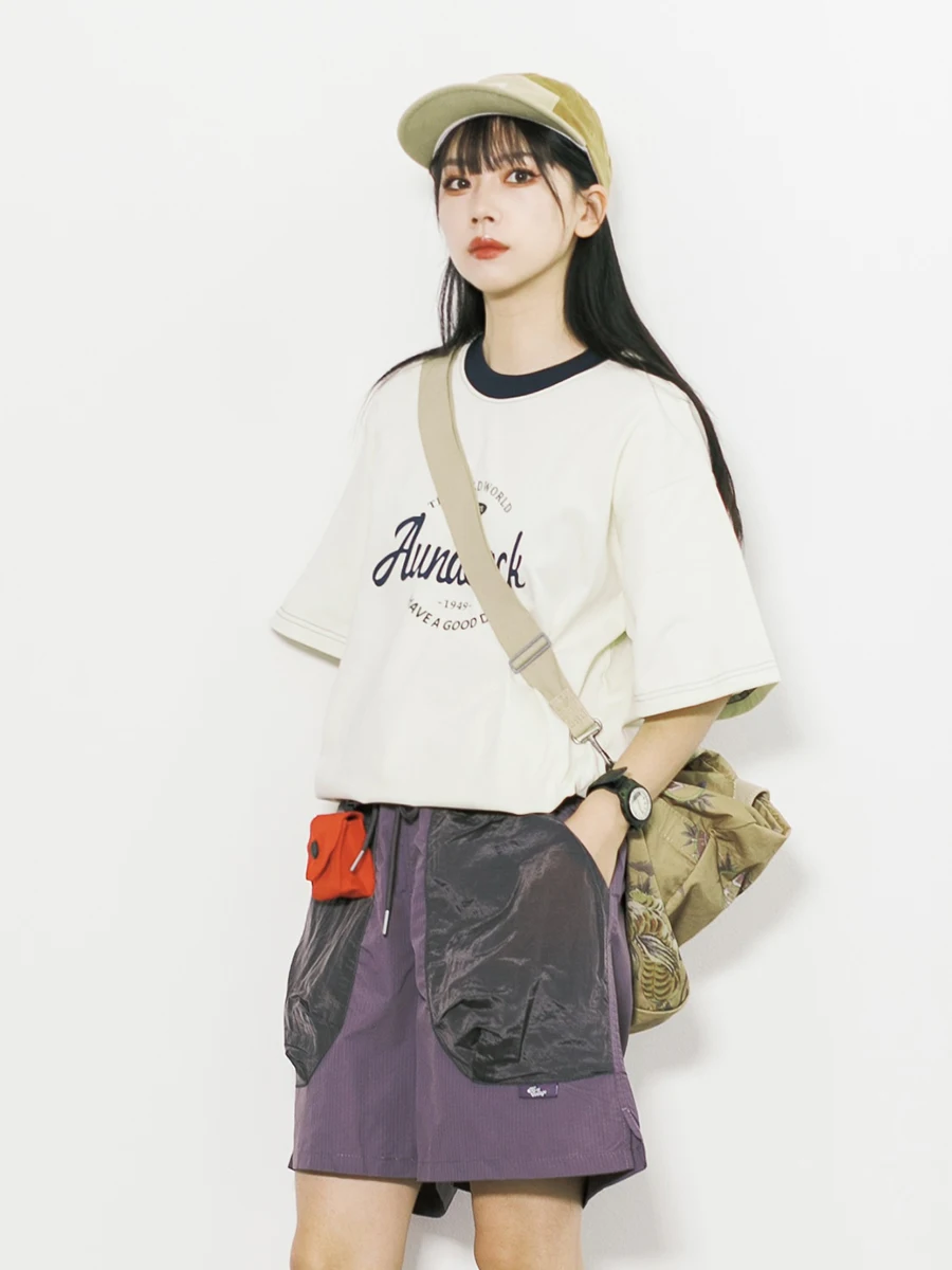 

Retro Spliced Color Letter Print Short Sleeve T-Shirt Unisex Summer Loose Versatile Couple Sportswear Cotton Knitted round Neck