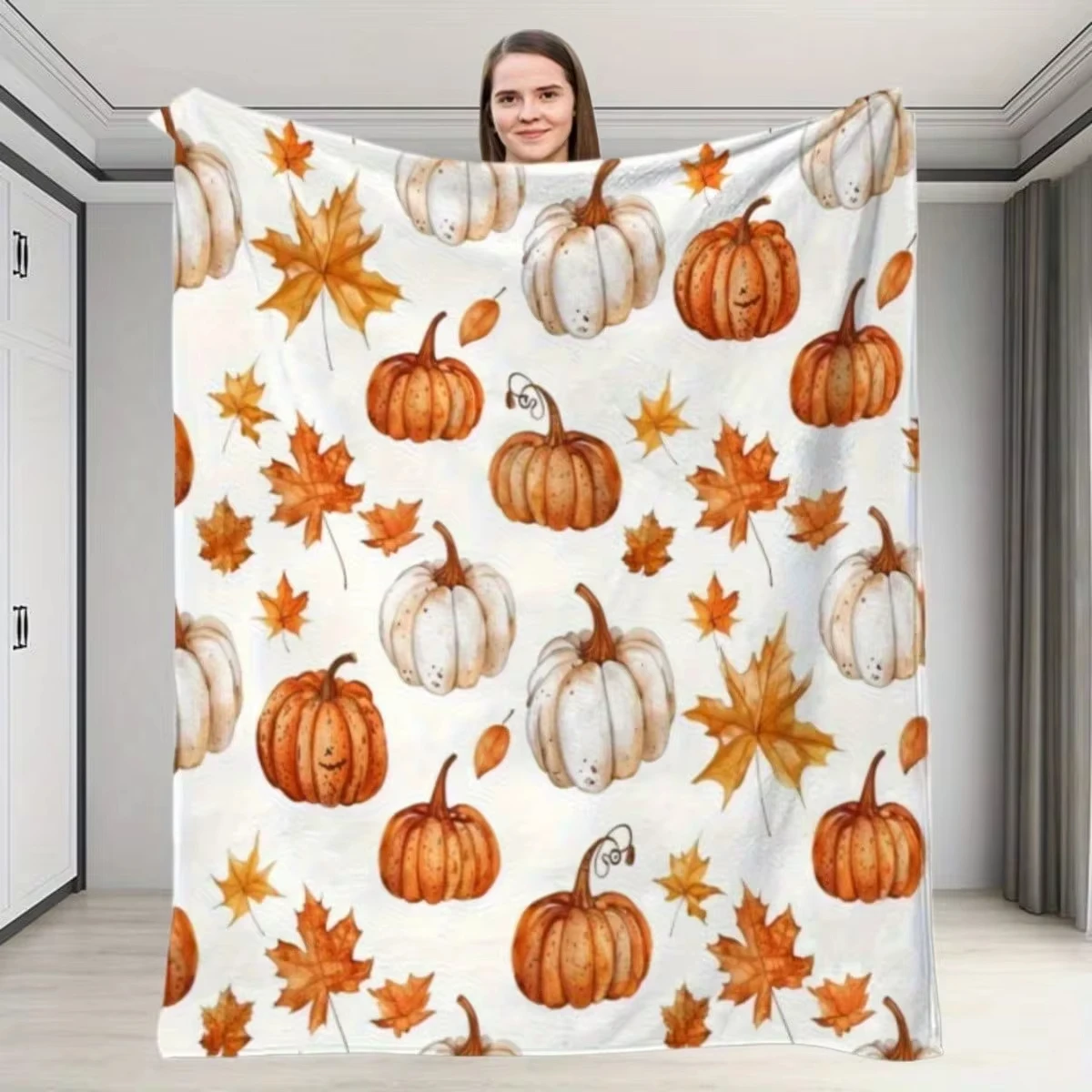 Pumpkin Blanket Autumn White Orange Pumpkins Maple Leaves Throw Blanket Sofa Bed Couch Festival Thanksgiving Harvest Home Decor