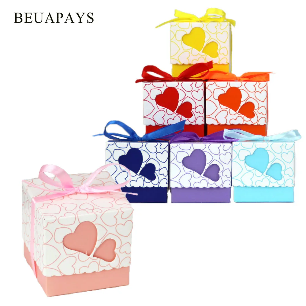 Gift Candy Box With Ribbon Vintage Wedding Decoration Baby Shower Birthday Double Heart Hollow Out First Year Peach Package Bag