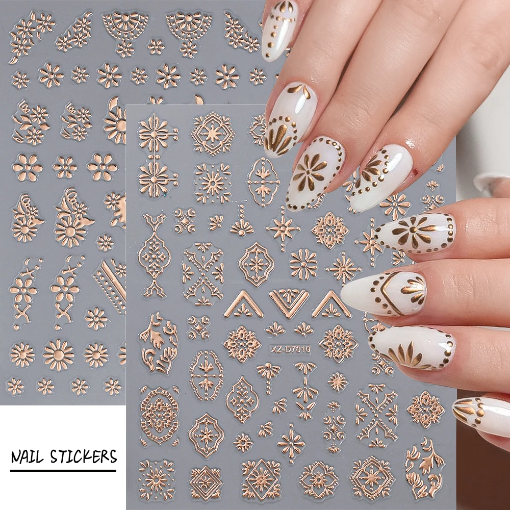1Pcs 3D Rose Gold Bohemia Totem Flower Nail Art Stickers Retro Floral Embossed Sliders Exquisite Self-adhesive Manicure Decals &