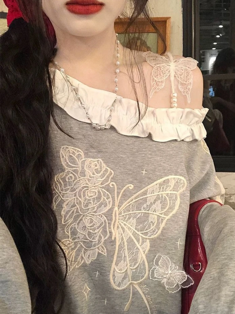 Off Shoulder Sweatshirt Ruffle Collar Lace Loose Soft Daily Wear Sweater Pullover Outfit 2025 Winter Fashion Female Fashion New view 4