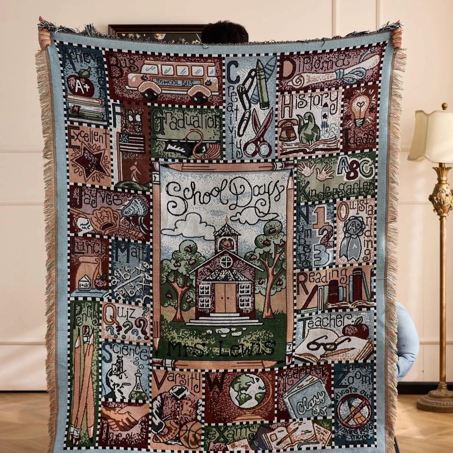 School Days Jacquard Throw Blanket Bohe Teacher Appreciation Woven Tapestry Vintage Classroom Collage Fringe Decor Sofa Cover