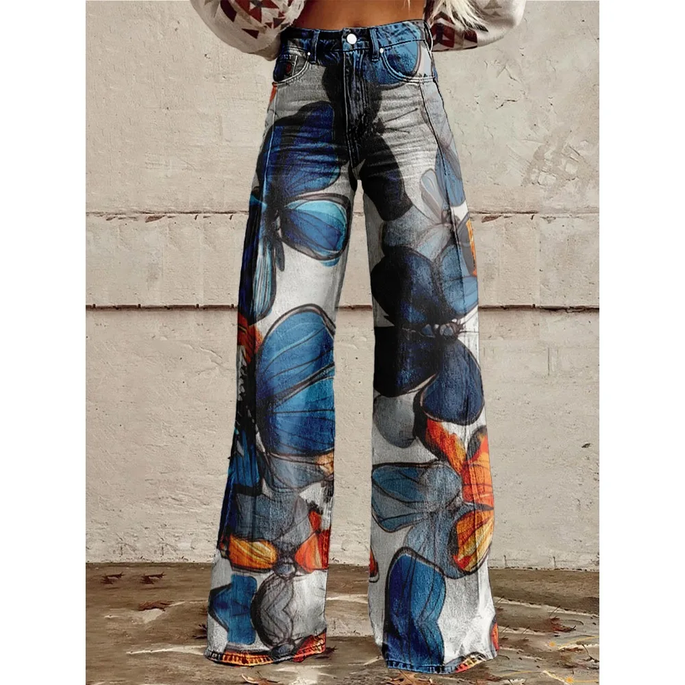  بنطال نسائي واسع الساق بطبعة فراشة زرقاء، سروال مثير عالي الخصر، ملابس شارع فنية غير رسمية التسعينيات Y2K بنطال الموضة خمر #2