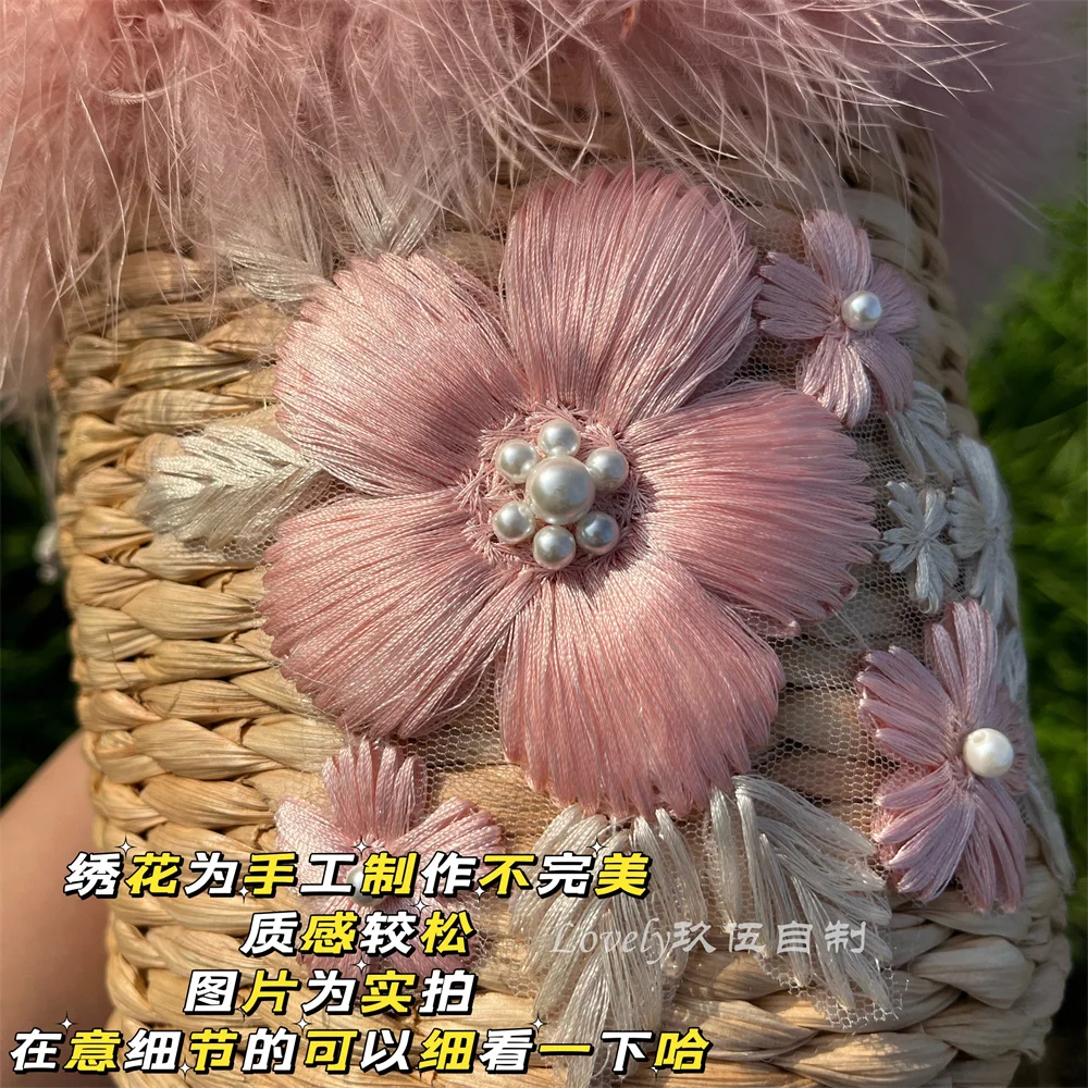 Pure Handmade Ostrich Feather Bucket Bag Natural Straw Woven Embroidered Flower Women Handbag Holiday Vacation Beach Bag