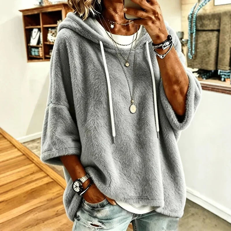 2026 New Autumn Winter Plus Size Women 3/4 Sleeve Solid Color Hooded Sweatshirt, Loose Casual Hoodie Top