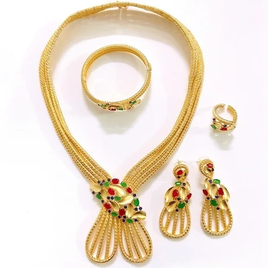 

Stunning American Irregular Colorful Zirconia Jewelry Set Statement Fabulous Necklace Bracelet Earrings Ring Set For Wedding