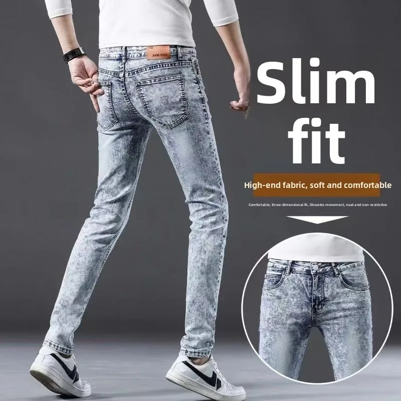 

Повседневные модные синие джинсы со снежинками, мужские весенне-осенние облегающие прямые брюки на молнии, молодежные модные