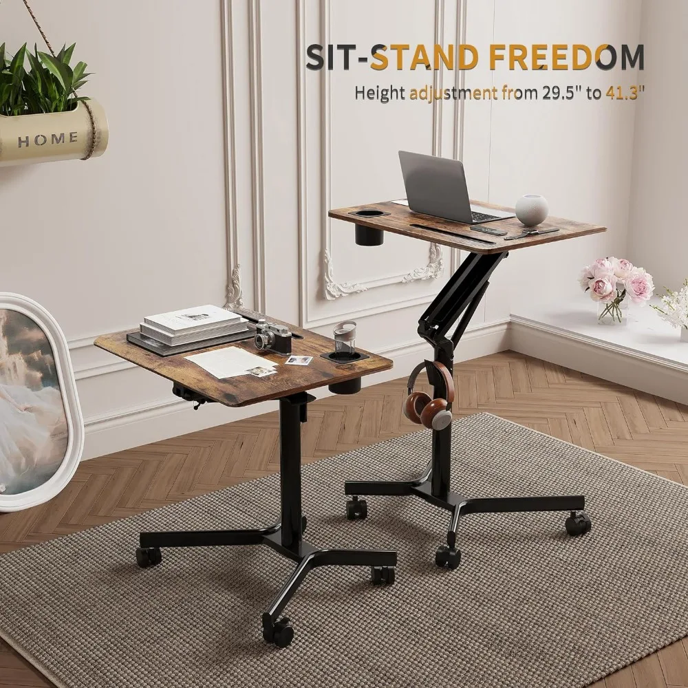 Mobile Standing Desk, 28 inch Small Height Adjustable Rolling Laptop Desk, Portable Sit Stand Desk with Lockable Wheels