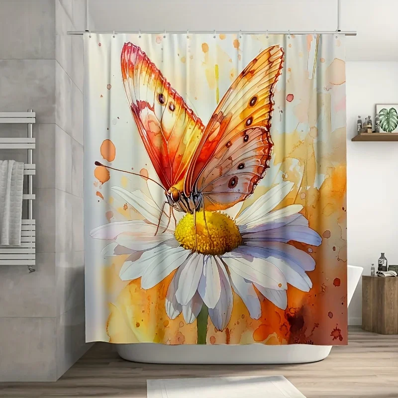 

1pc Watercolor Butterfly Shower Curtain - Includes Curtain & 12 Hooks, 71x71", Bathroom Decor by LWIGOD298