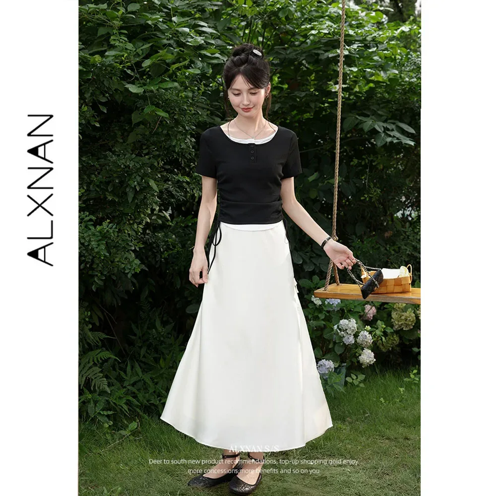 ALXNAN Women's Long Skirt Lace Patchwork A-line Elegant Midi Satin Skirts Holiday Beach Casual Elegant Female Clothing L55395