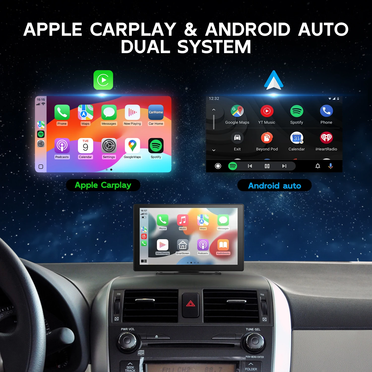 10.1 Inch Dashboard Carplay Screen Built-in GPS Reversing Aid MP3/MP4 Players Handsfree Split Screen TV For YouTube Videos