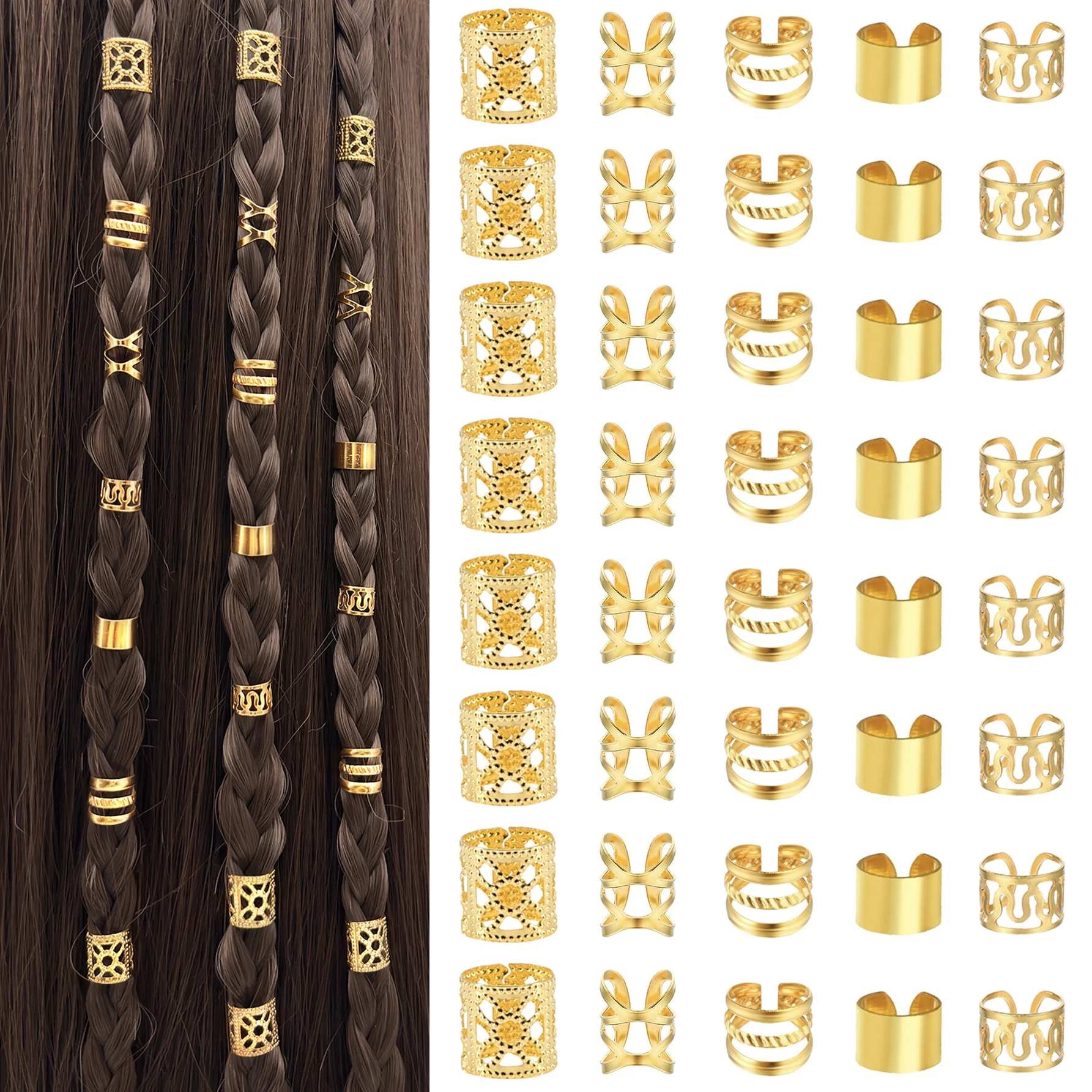 40PCS/Set Elegant Hollow Out Hair Rings With Different Patterns For Summer DIY Hair Accessories Loc Hair Jewelry for Braids
