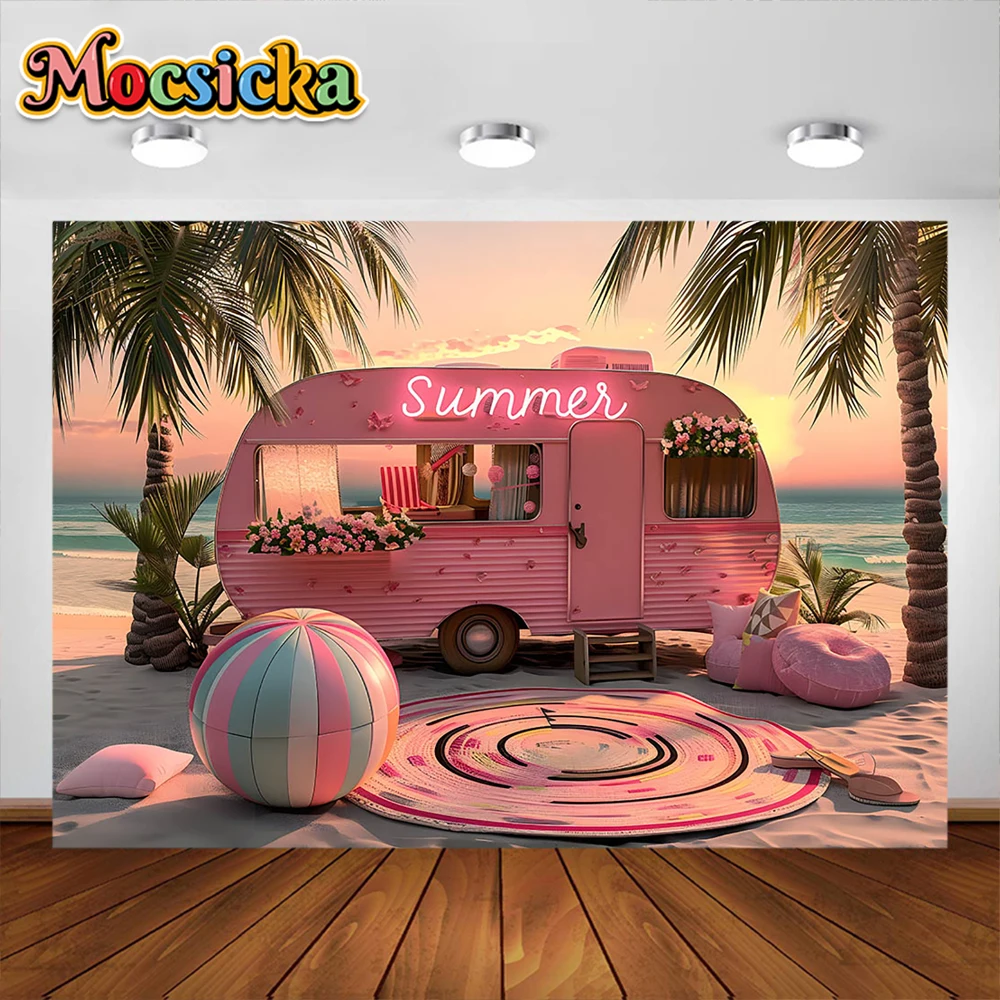Verão ao ar livre fotografia fundo, rosa princesa carro, Dream House Backdrop, retrato de praia tropical, Kids Photo Studio