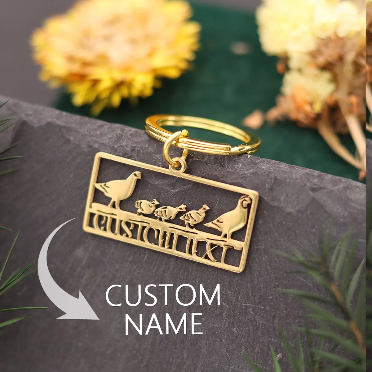 QIAMNI Stainless Steel Keychains Birds Pigeon Key Chains Personalized Custom Name Engraved Letters Keyring for Women Men Gift