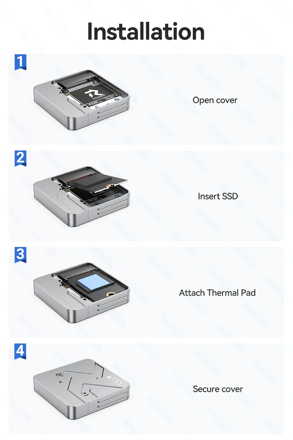 RAGEER 2230 M.2 NVMe SSD Plug-n-Play-Gehäuse - USB 3.2 (10Gbps) Aluminiumgehäuse mit Magnetabdeckung, Typ-C-Anschluss, 9210-Chip – Detail 14