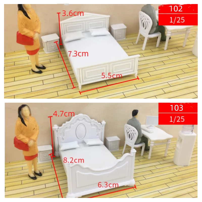 Cama modelo de casa de muñecas, mueble en miniatura, decoración de escena de dormitorio, juguete artesanal de plástico, 3 piezas, 1/25