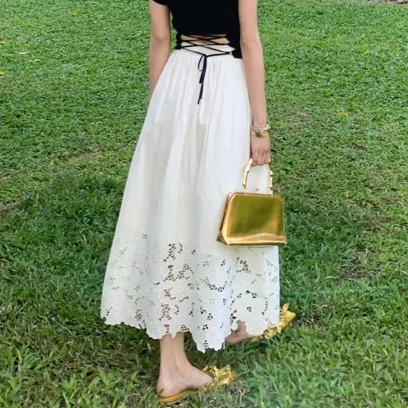 

New French Hollow Out Lace Crochet Skirt Women Summer Fashion Elegant Casual A-line Long Skirts Solid Color White Jupe