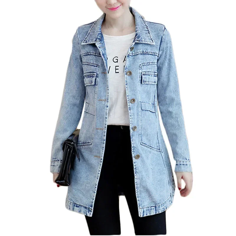 New Autumn Winter Korean Denim Jacket 5XL Women Slim Long Base Coat Women's Frayed Navy Blue Casual Female Jeans Jackets Coats