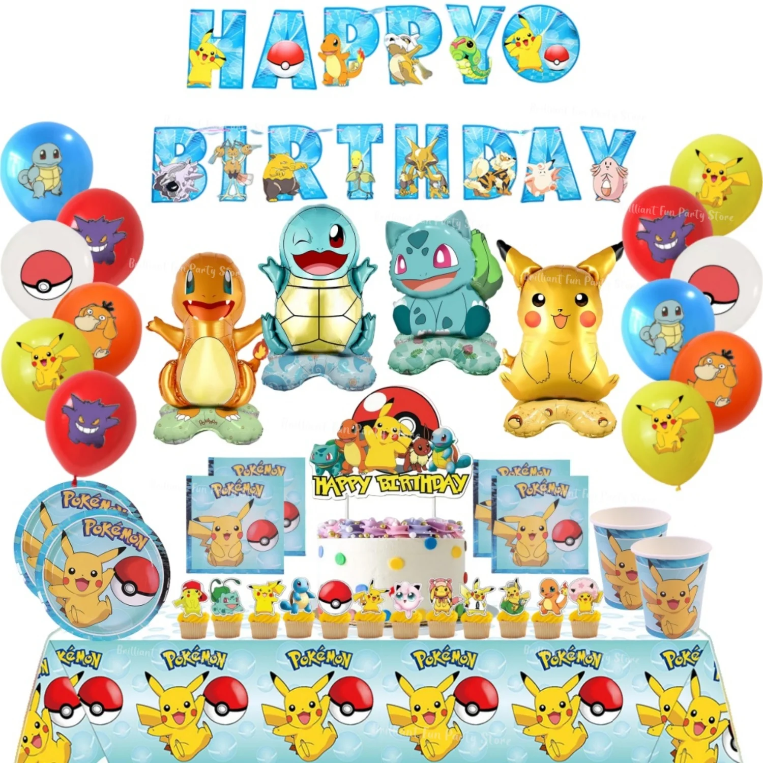 ポケモン誕生日デコレーションバルーンキット紙コッププレートナプキンバナーケーキトッパーテーブルクロス子供用男の子パーティー用品ギフト