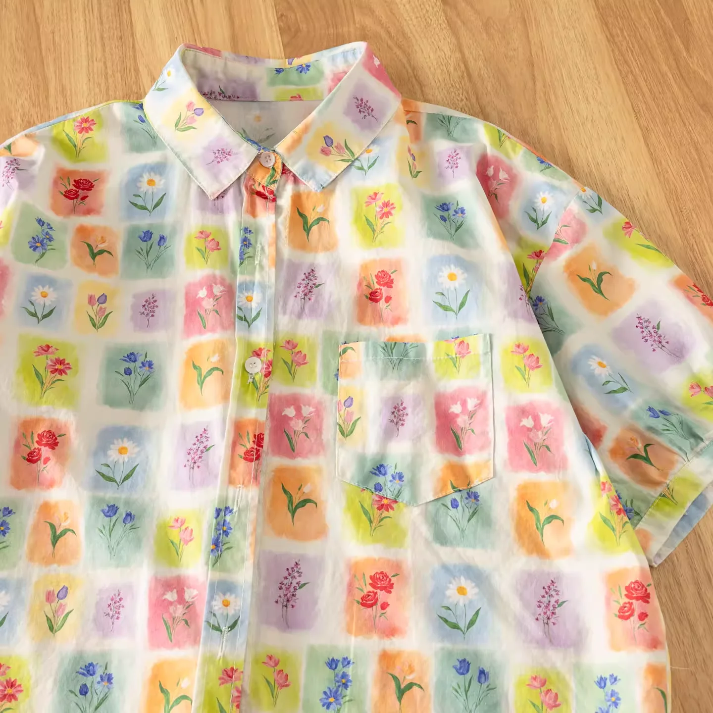 

100% Cotton Hawaiian shirt for women summer Japan harajuku fashion flower picture patchwork blouses short sleeve tops