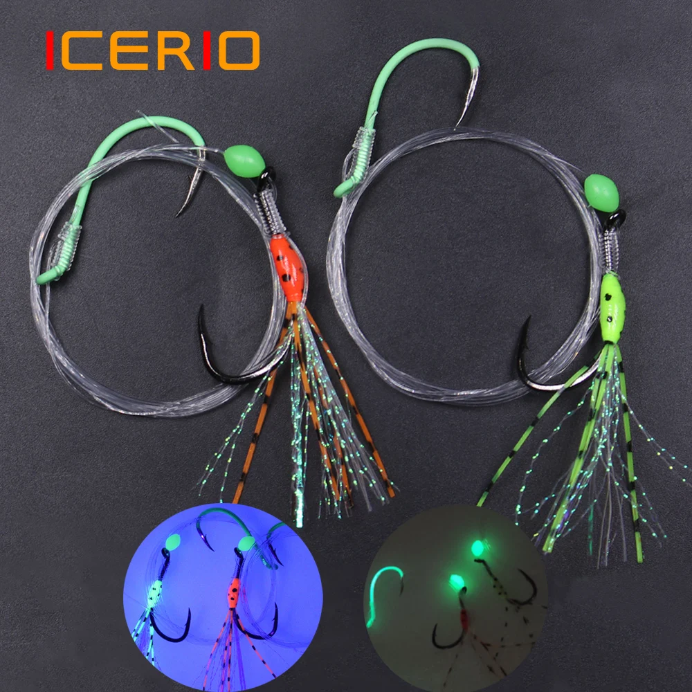 ICERIO Glow 2 ganchos Sabiki Rig 4/0-6/0 gancho de pico de pulpo aparejo de pesca de agua salada para lubina pargo kokanee señuelo de curricán de salmón
