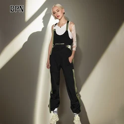 BPN Streetwear Soild Jumpsuits For Women Round Neck Sleeveless High Waist Patchwork Belts Casual Jumpsuit Female Fashion Clothes