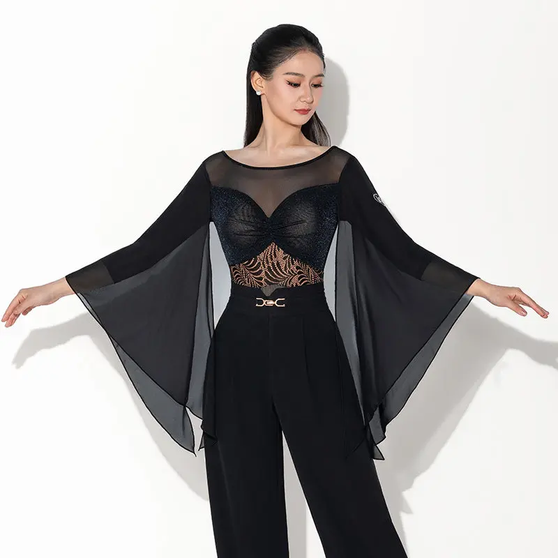 

2026 New Spliced Mesh Jumpsuit With Flowing Yarn Sleeves Modern Dance Tops For Women Samba Adult Waltz Latin Dance Wear DQS22246