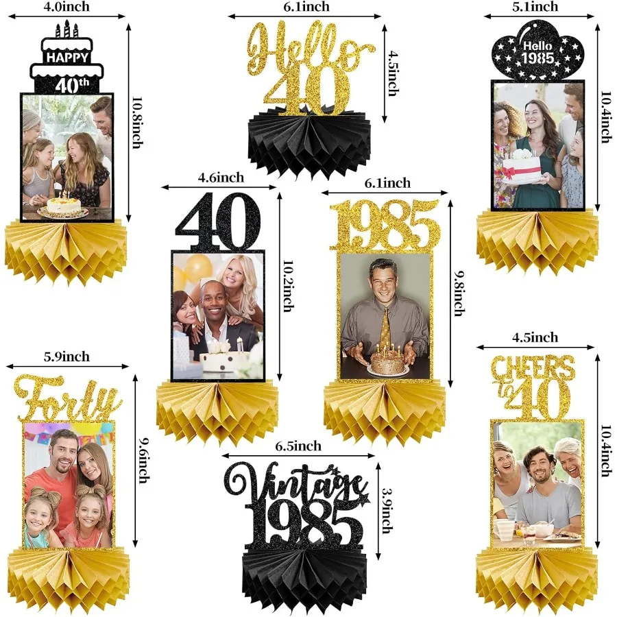 8 peças decorações de 40o aniversário peças centrais de favo de mel para mulheres homens preto ouro vintage 1985 40o aniversário foto peças centrais de mesa