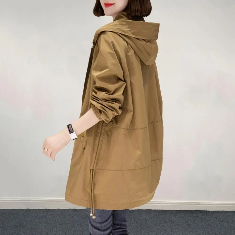 Women Windbreaker Jacket Stylish Hooded Mid-length Women's Coat with Drawstring Pockets for Fall Spring Lightweight for Daily