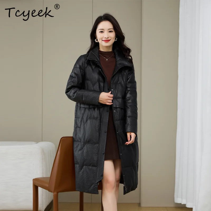 Tcyeek Pelle di pecora Piumino d'anatra bianca Autunno Inverno Colletto alla coreana Giacca in vera pelle da donna di media lunghezza nera Jaqueta Couro