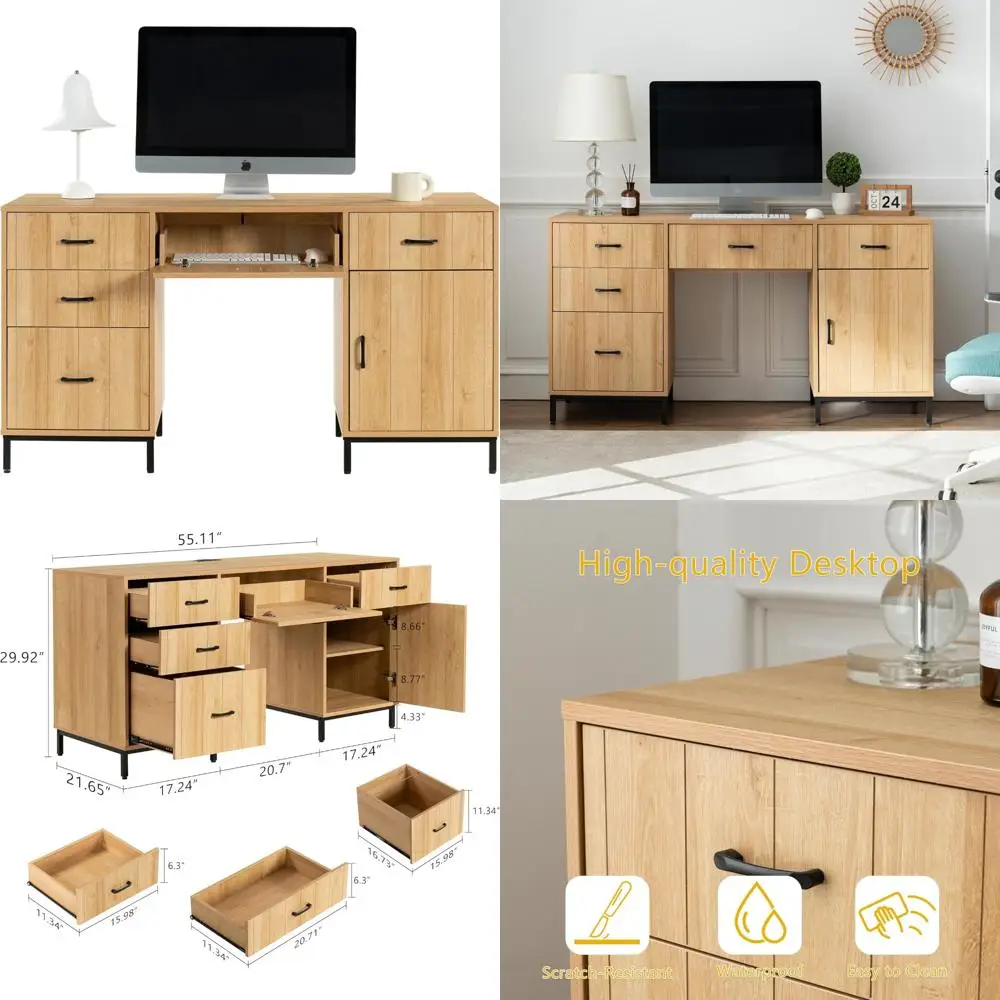 

Contemporary Wooden Executive Desk with Charging Port, 5-Drawer File Cabinet and Storage, Ideal for Home Office Use