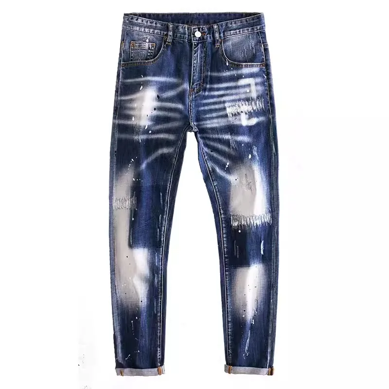 High Street Fashion Split Heren Gewassen Blauwe Jeans Retro Elastische Slim Fit Jeans Heren Retro Designer Jeans Potlood Broek Hombre