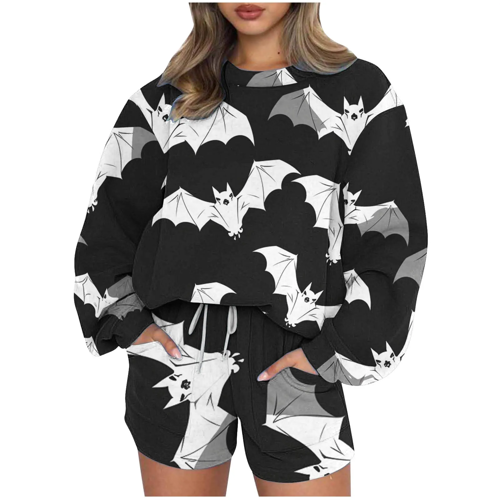 Moda Bluza z długim rękawem Spodenki Halloween Print Zestawy Kobieta Jesień i zima O-neck Sportowy sweter 2-częściowy zestaw dla kobiet