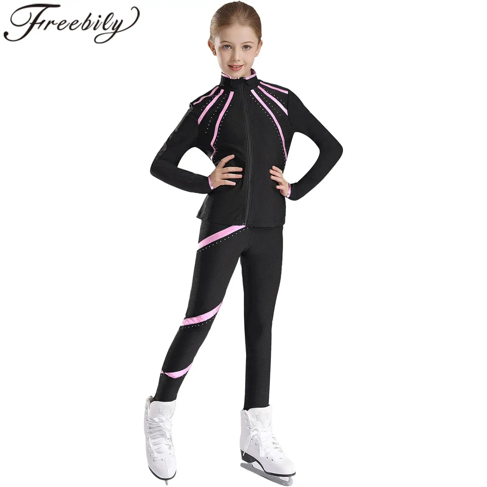 Crianças roupas de patinação artística jaqueta + calças crianças acrobacia ginástica ballet dança traje adolescentes meninas ternos atléticos